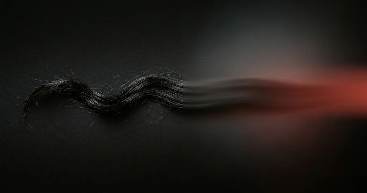 Fio de cabelo longo com a metade da esquerda desenhada em linha nítida e a metade da direita desmanchada numa mancha suave.