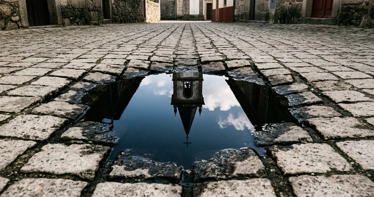 Poça sobre calçamento de pedra devolvendo as torres de uma igreja de tijolo, com o céu em azul escuro dentro da água.
