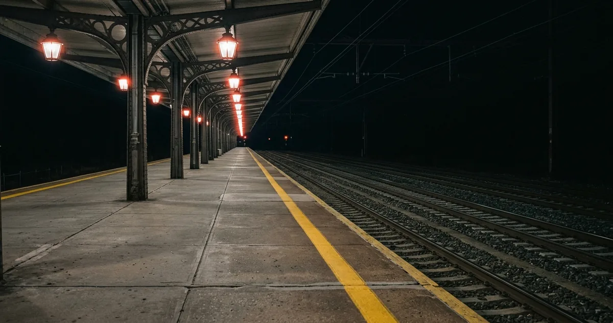 Plataforma de estação noturna nítida, com trilhos vazios e nenhum vagão no lugar do comboio.