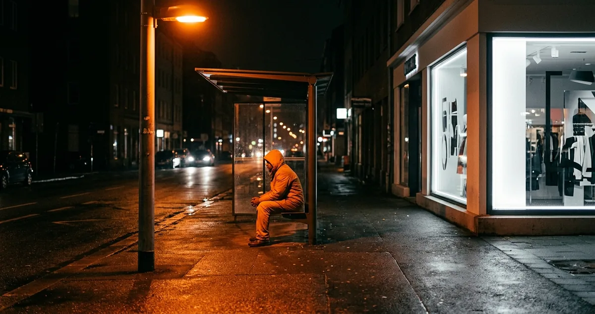 Pessoa num ponto de ônibus na fronteira entre a luz laranja do poste de sódio e a luz branca de uma vitrine de LED.