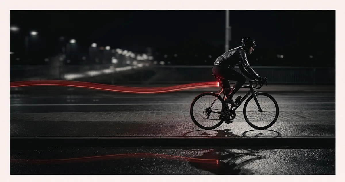 Bicicleta parada por um flash à noite, com rastro de luz vermelha terminando atrás da roda traseira.