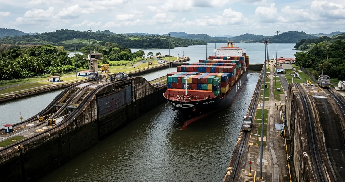 Cargueiro dentro de uma câmara das eclusas de Gatún, no Canal do Panamá, sendo erguido rumo ao lago artificial.