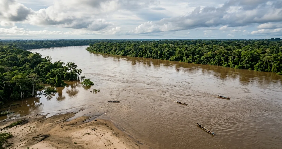 Balsa carregada de caminhões atravessando o canal principal do rio Amazonas, com a margem oposta quase invisível ao fundo.
