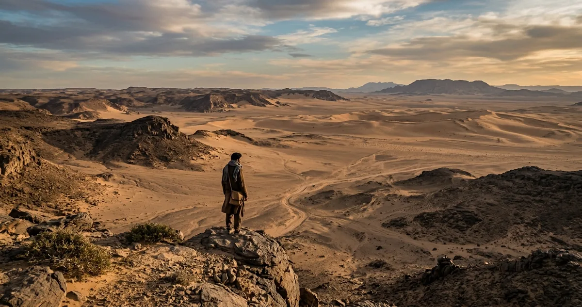 Planalto de areia e pedra do deserto Núbio, sem estrada nem construção, na faixa de Bir Tawil entre o Egito e o Sudão.