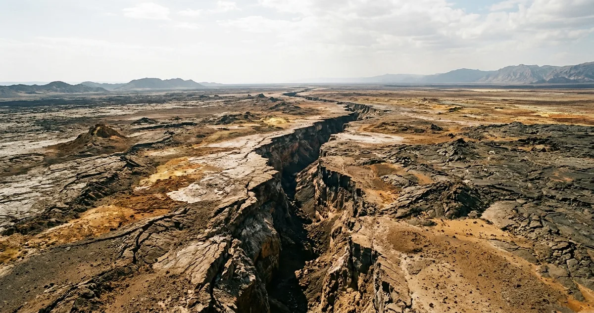 Planície branca de sal da depressão de Danakil, no nordeste da Etiópia, com poças coloridas do campo hidrotermal de Dallol na borda.