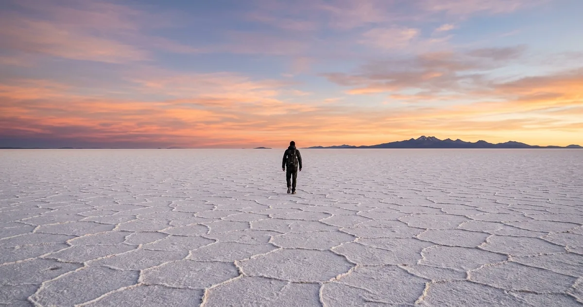 Crosta branca de sal do Salar de Uyuni rachada em polígonos, plana até o horizonte, com a cordilheira ao fundo.