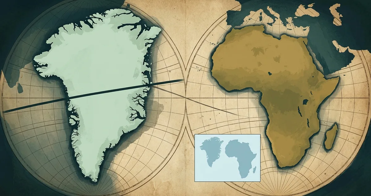 Planisfério de Mercator aberto na parede, com a Groenlândia esticada no alto do desenho ao lado da África sobre o equador.