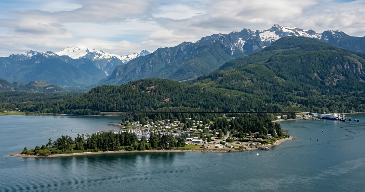 Vista aérea da ponta de Point Roberts, com a fronteira reta separando a península americana do bairro canadense ao norte.
