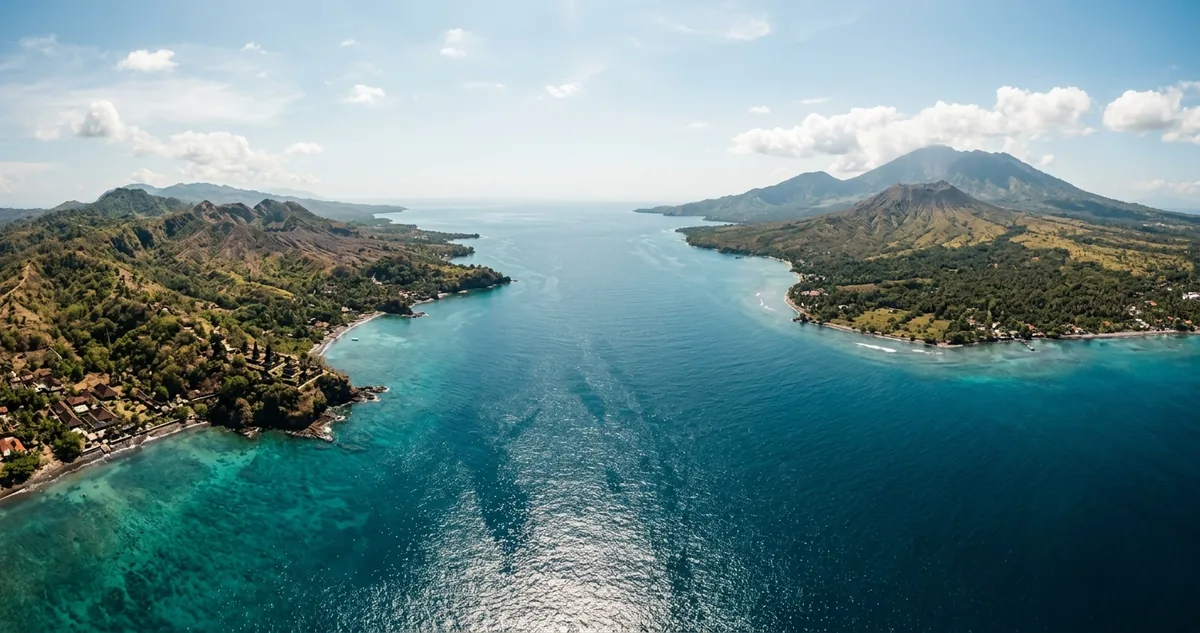 Vista aérea do estreito de Lombok, com a costa leste de Bali de um lado e o vulcão Rinjani, em Lombok, do outro, separados por uma faixa de mar profundo.