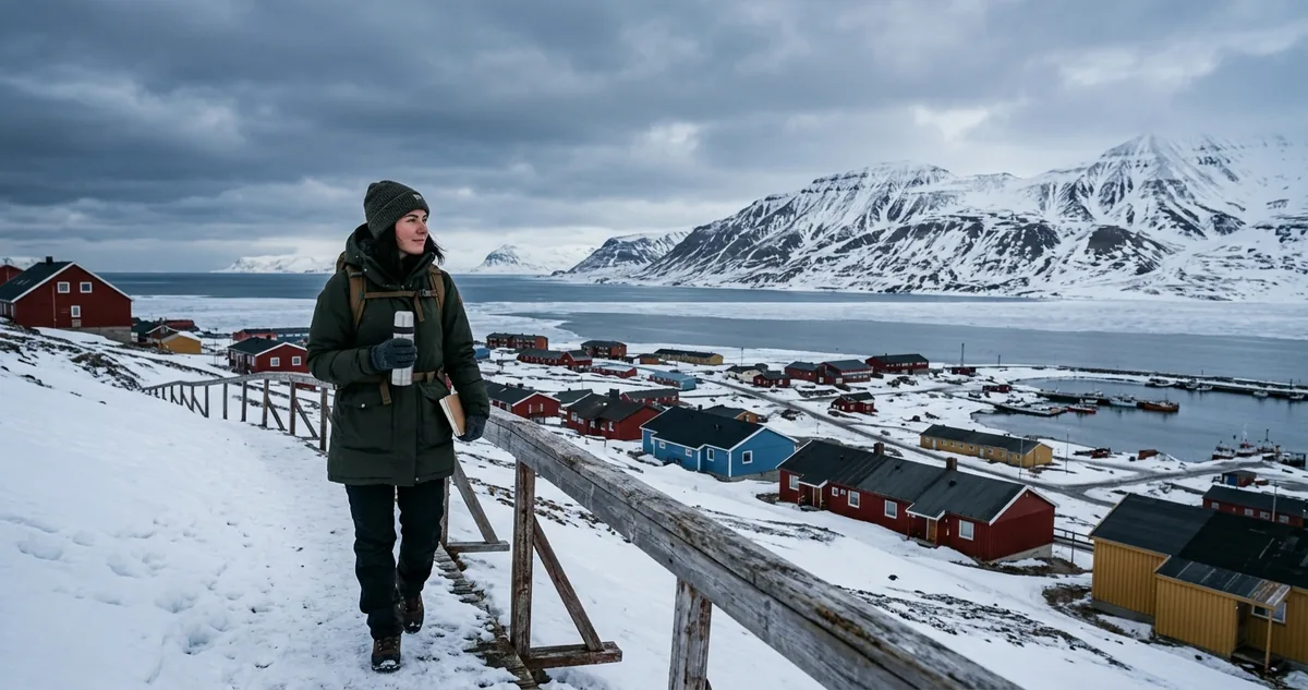 Casas sobre estacas em Longyearbyen, no arquipélago de Svalbard, com montanha coberta de neve ao fundo.