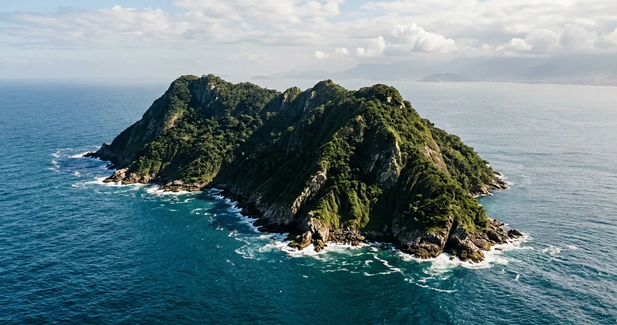 Costão rochoso e mata baixa da Ilha da Queimada Grande, no litoral sul de São Paulo.
