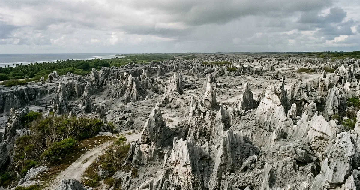 Campo de pináculos de calcário no platô central de Nauru, no Pacífico.