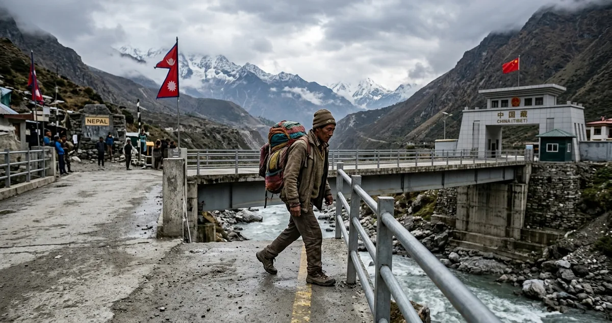 Ponte de fronteira entre Nepal e China no fundo de uma garganta do Himalaia.