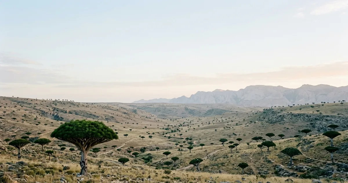Árvores sangue-de-dragão no planalto calcário de Dixam, na ilha de Socotra.