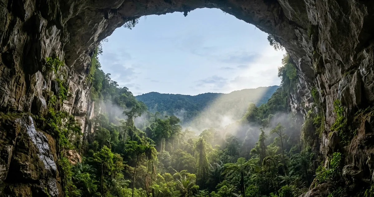 Dolina com mata e névoa dentro da caverna Hang Son Doong, no Vietnã.