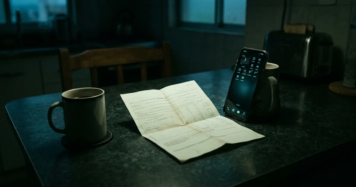Boleto impresso dobrado ao meio sobre a mesa da cozinha, ao lado do celular aceso e da xícara de café pela metade.