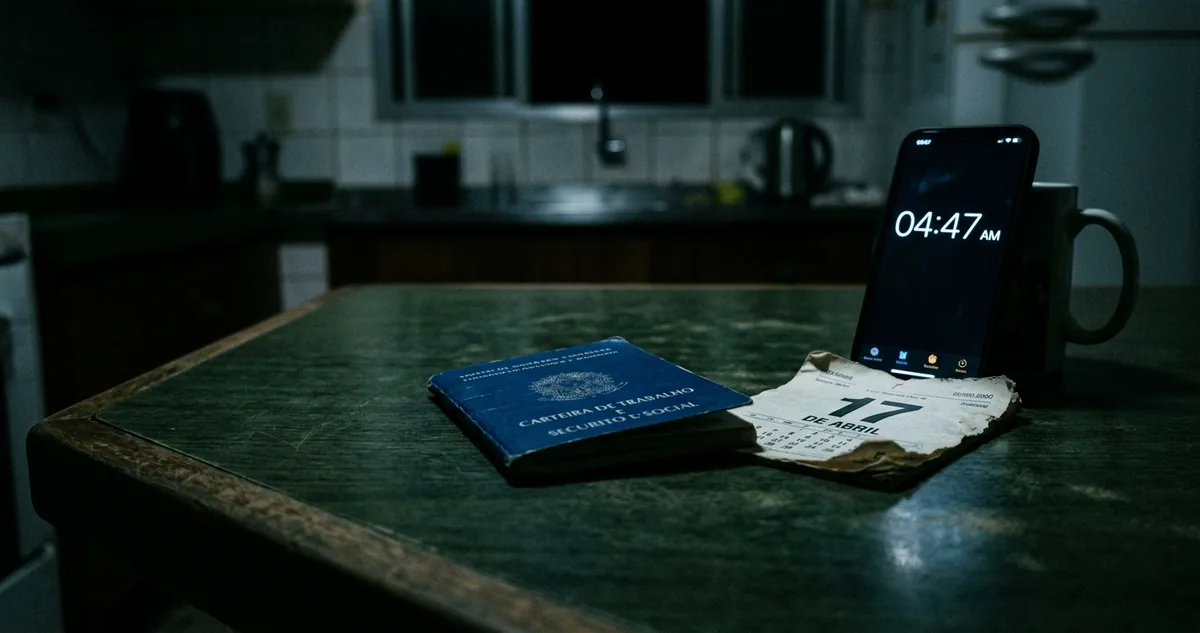 Carteira de trabalho azul fechada sobre a mesa da cozinha, ao lado de uma página de calendário rasgada e do celular aceso.