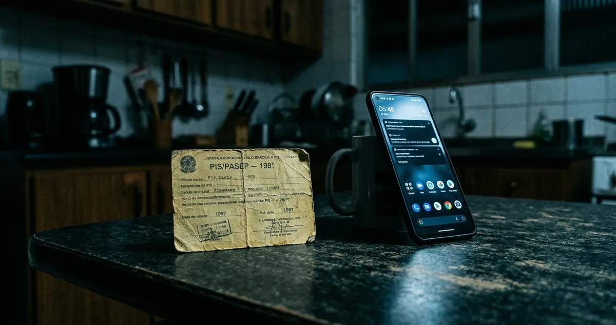 Cartão do PIS de papel amarelado sobre a mesa, ao lado do celular com a tela acesa.