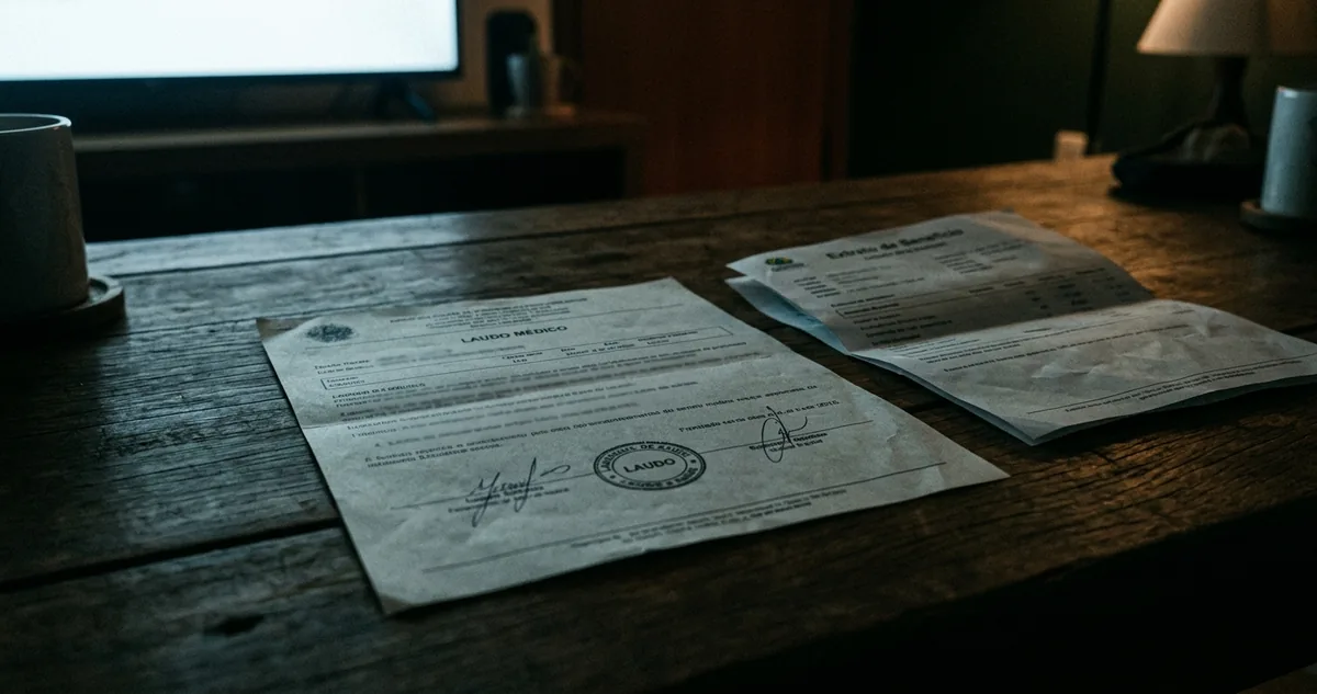 Laudo médico carimbado sobre a mesa, ao lado do extrato do benefício.