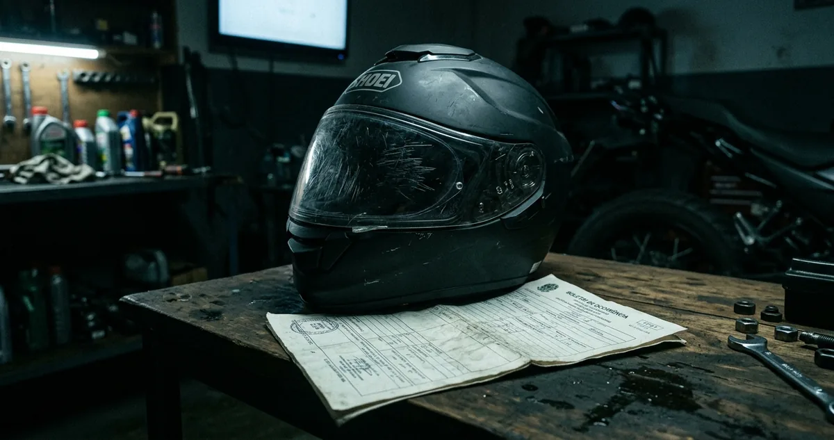 Capacete riscado sobre a via impressa de um boletim de ocorrência.