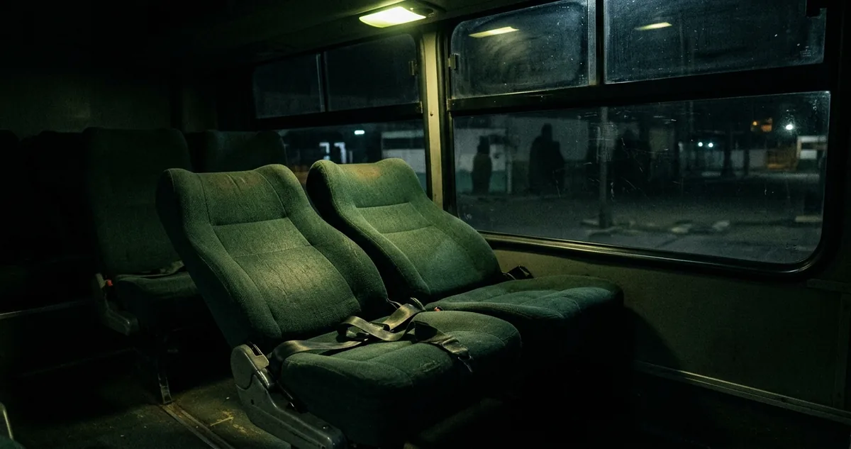 Duas poltronas vazias de ônibus interestadual junto à janela, na madrugada.