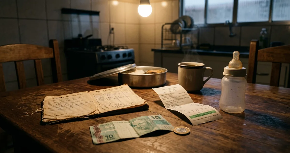Caderneta de vacinação aberta sobre a mesa da cozinha, ao lado de uma mamadeira vazia, na madrugada.
