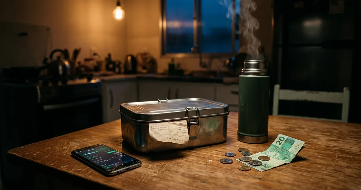 Carteira de trabalho azul aberta sobre a mesa da cozinha, ao lado de uma folha de extrato dobrada, na madrugada.