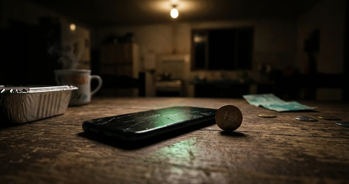 Bloco de recibos de papel empilhado ao lado de uma pasta sanfonada aberta, na mesa da cozinha, na madrugada.