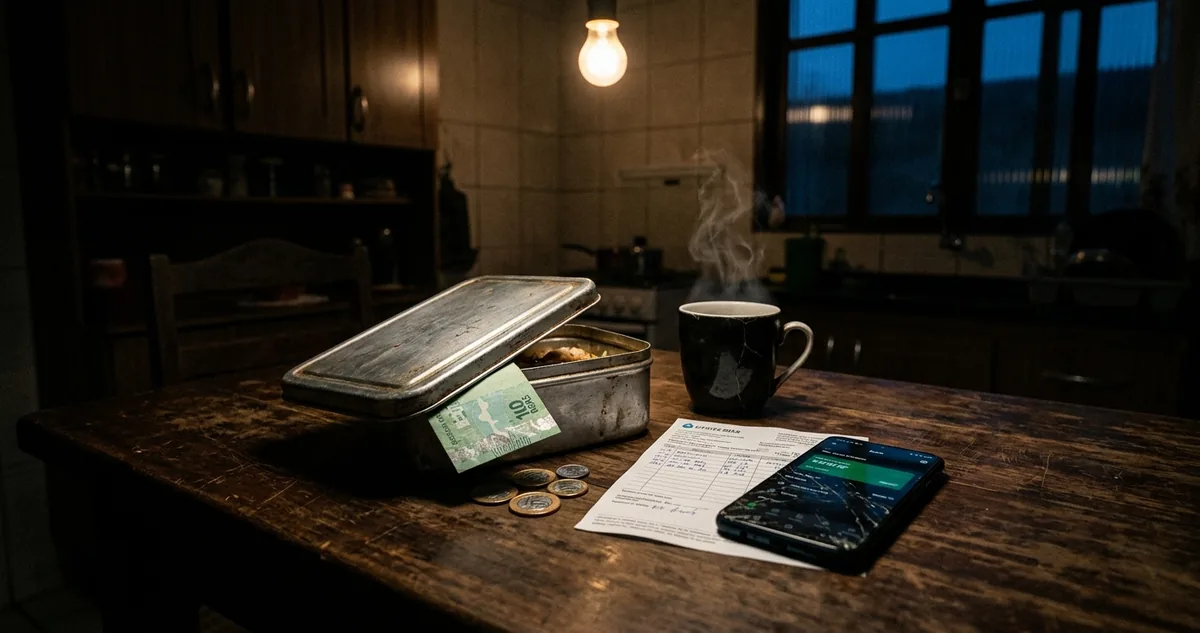 Telefone fixo antigo ao lado da conta dobrada, na mesa da cozinha, na madrugada.