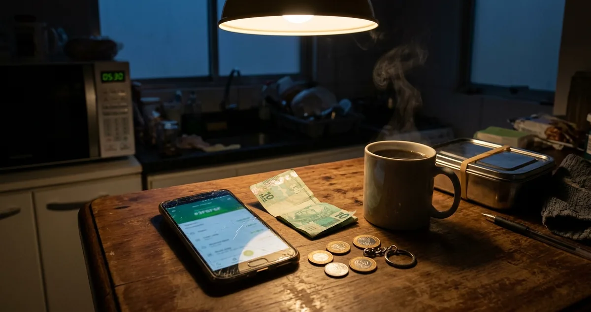 Relatório impresso ao lado de um cartão sem marca, na mesa, na madrugada.