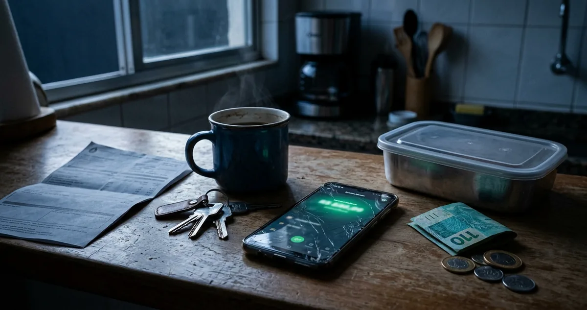 Nota fiscal amassada ao lado de um celular e de um liquidificador sobre a mesa.