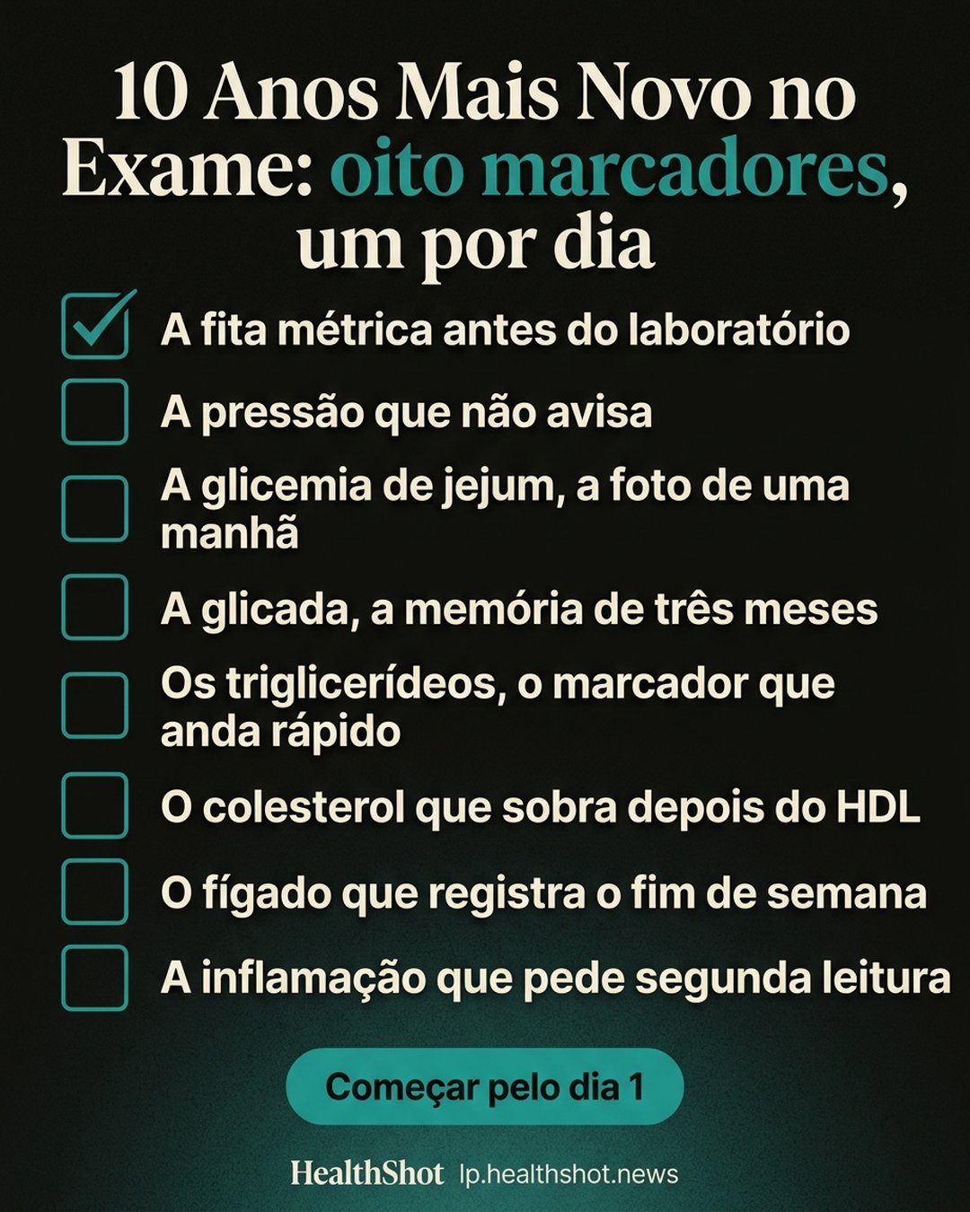 10 Anos Mais Novo no Exame: oito marcadores, um por dia: A fita métrica antes do laboratório, A pressão que não avisa, A glicemia de jejum, a foto de uma manhã, A glicada, a memória de três meses, Os triglicerídeos, o marcador que anda rápido, O colesterol que sobra depois do HDL, O fígado que registra o fim de semana, A inflamação que pede segunda leitura. Começar pelo dia 1.