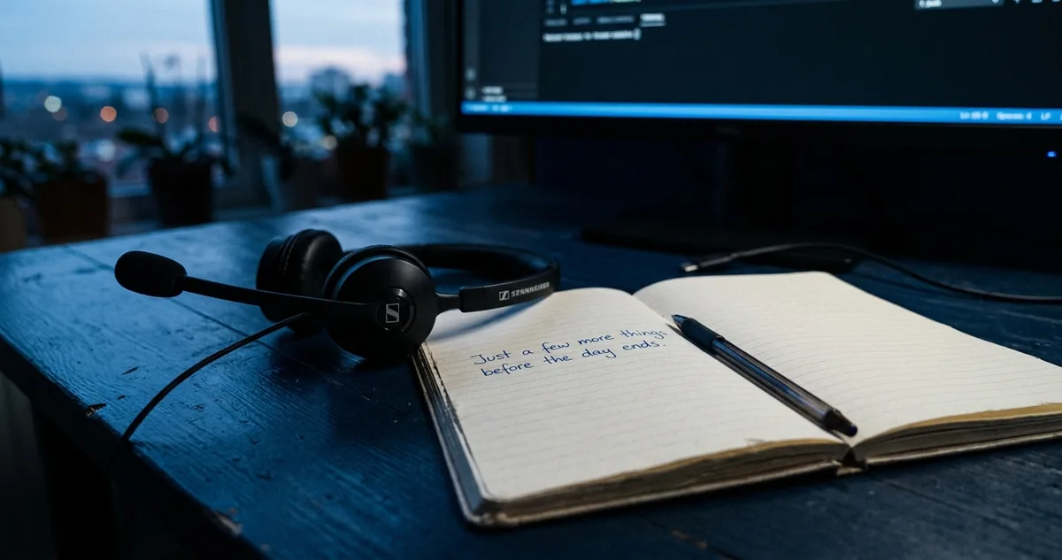 Um headset de call apoiado na mesa ao lado de um caderno aberto com uma frase em inglês anotada à mão.
