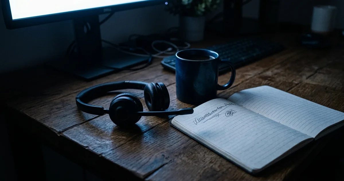 Um headset de call apoiado na mesa ao lado de um bloco aberto com uma linha rabiscada.