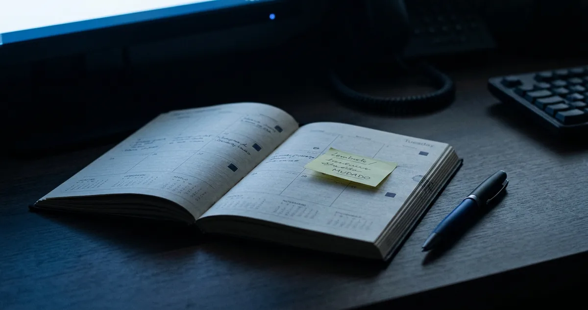 Um calendário de mesa com um post-it deslocado de um dia para o outro.