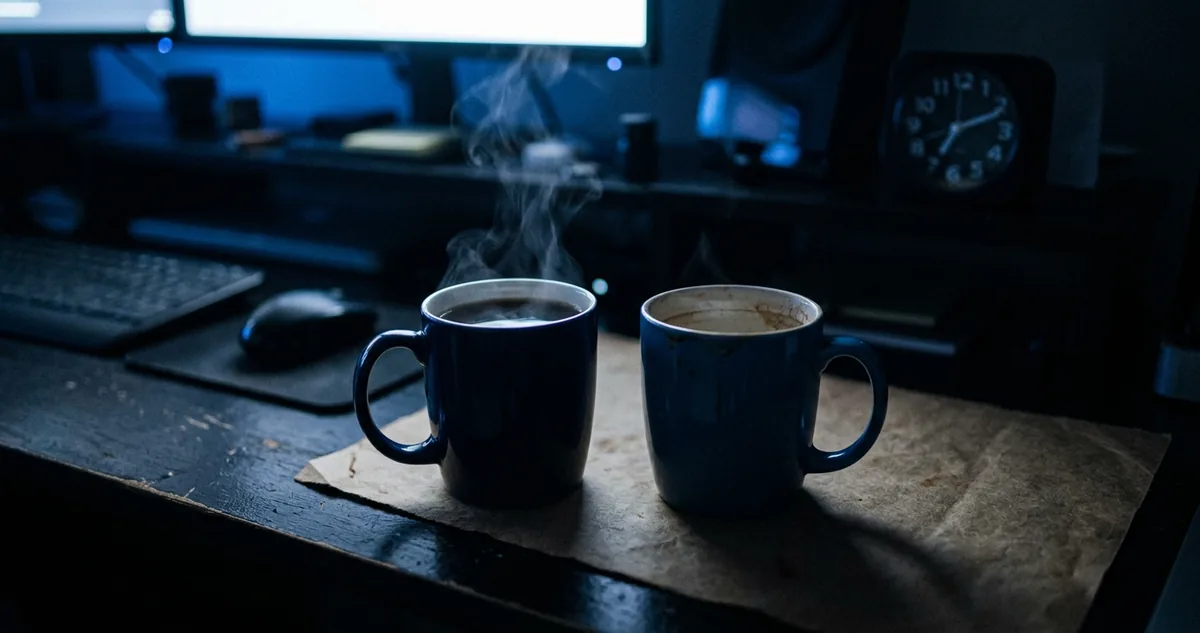 Duas xícaras de café numa mesa vazia, uma cheia e uma pela metade.