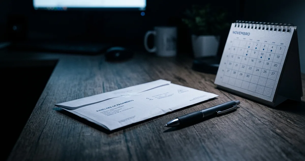 Envelope de pagamento fechado ao lado de um calendário de mesa aberto.