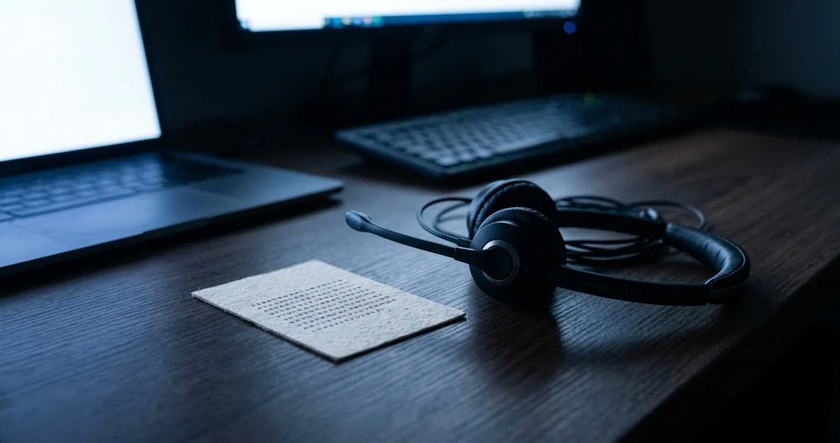 Headset de atendimento ao lado de um cartão com letras impressas em fileira.
