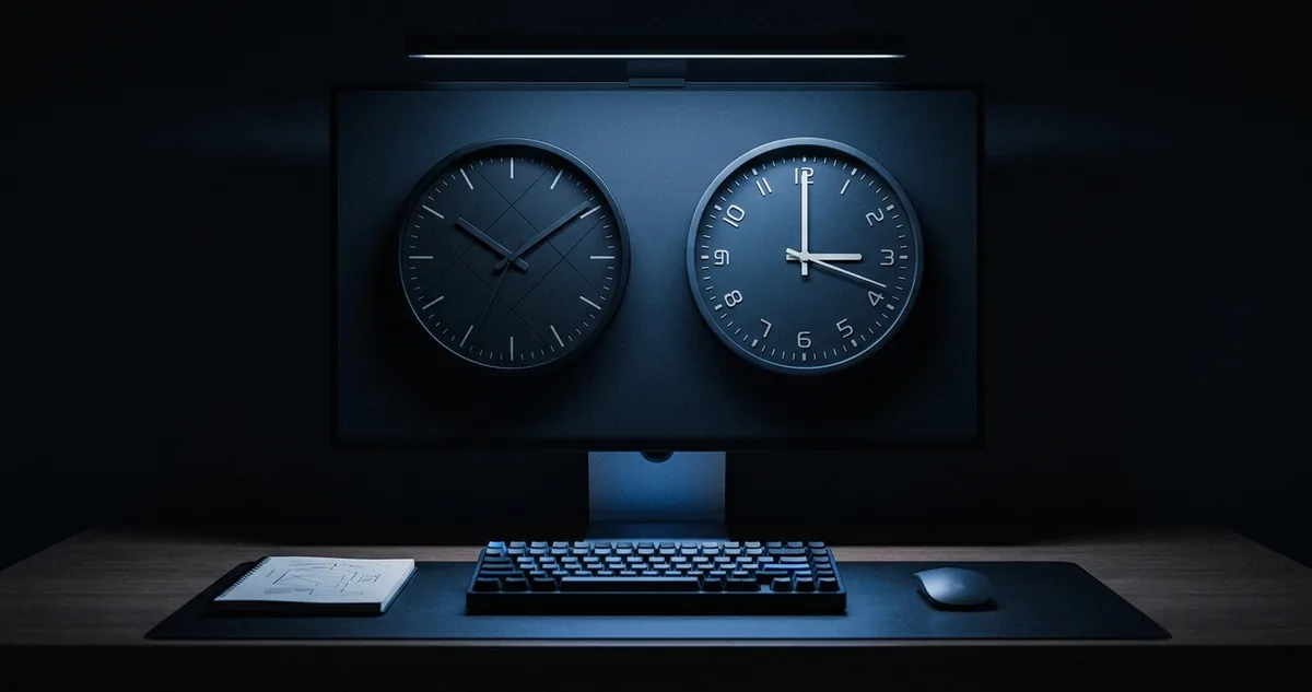 Dois relógios de parede lado a lado marcando horas diferentes sobre uma mesa de trabalho vazia.
