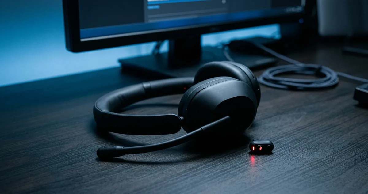 Microfone de headset sobre uma mesa de trabalho vazia, com o botão de mute aceso ao lado.