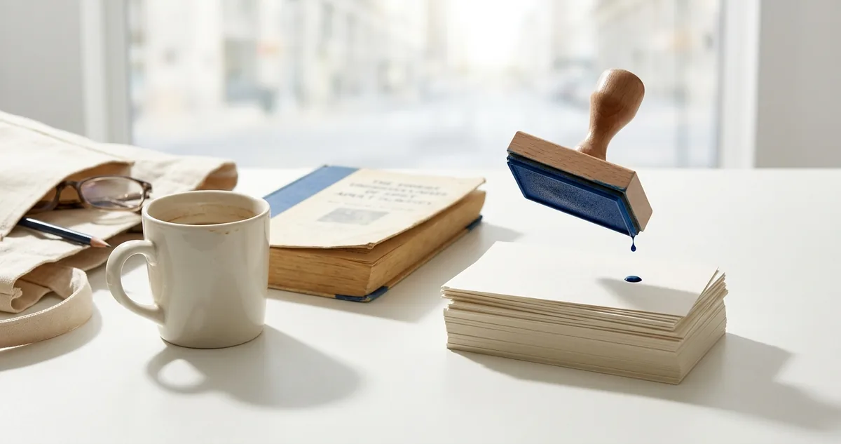 Cadeira vazia encostada na mesa de reunião, com caderno aberto e caneca fria.