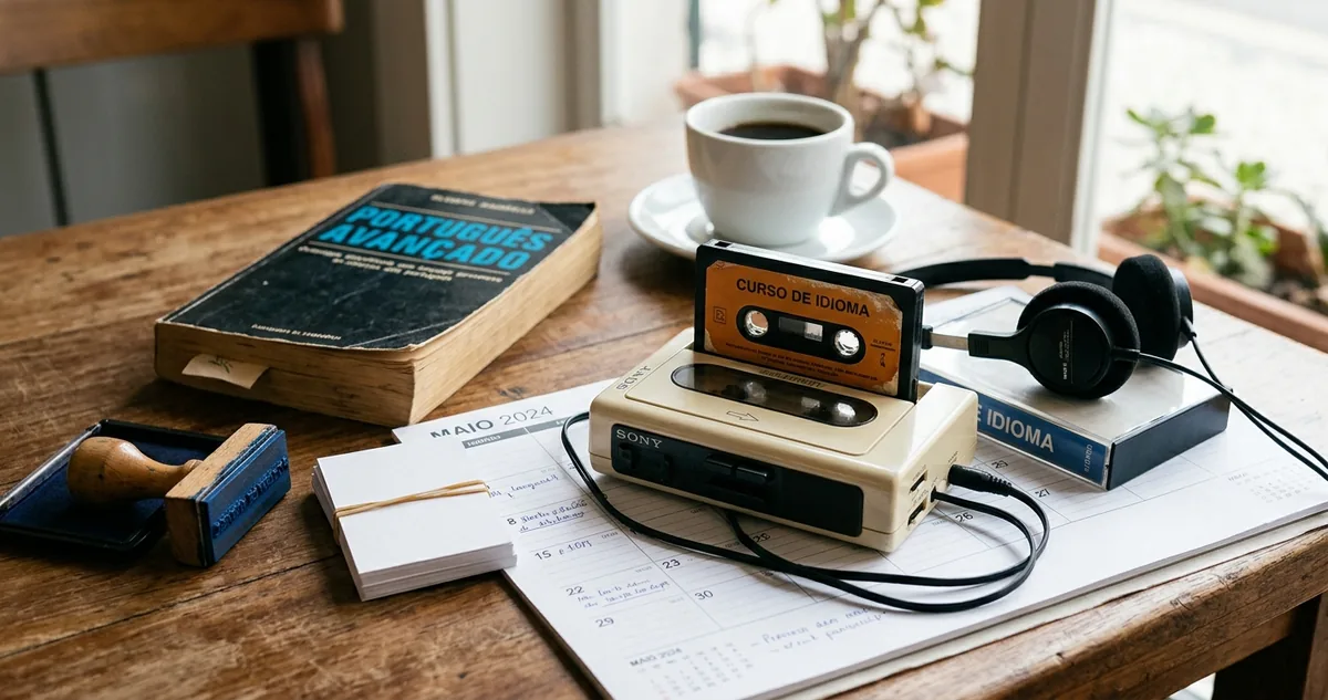 Notebook com a chamada pausada e café sobre a mesa de escritório.