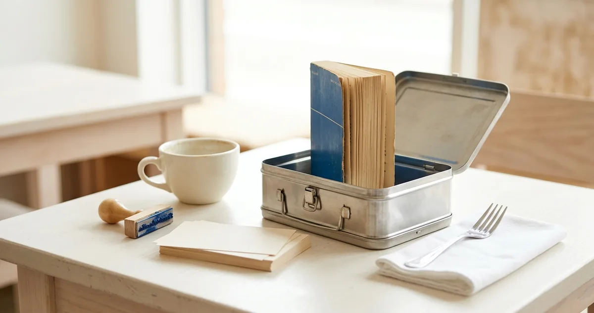 Fileira de crachás com cordão azul sobre uma mesa de reunião.