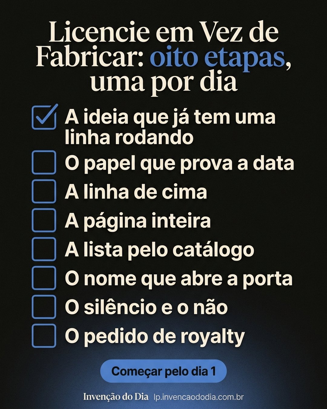 Licencie em Vez de Fabricar: oito etapas, uma por dia: A ideia que já tem uma linha rodando, O papel que prova a data, A linha de cima, A página inteira, A lista pelo catálogo, O nome que abre a porta, O silêncio e o não, O pedido de royalty. Começar pelo dia 1.