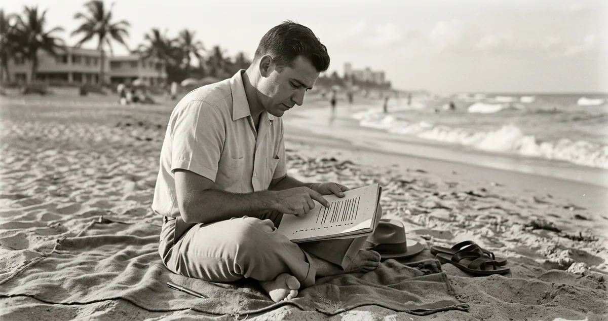 A areia molhada de uma praia de Miami Beach no inverno de 1949, com quatro linhas de larguras diferentes riscadas com os dedos.
