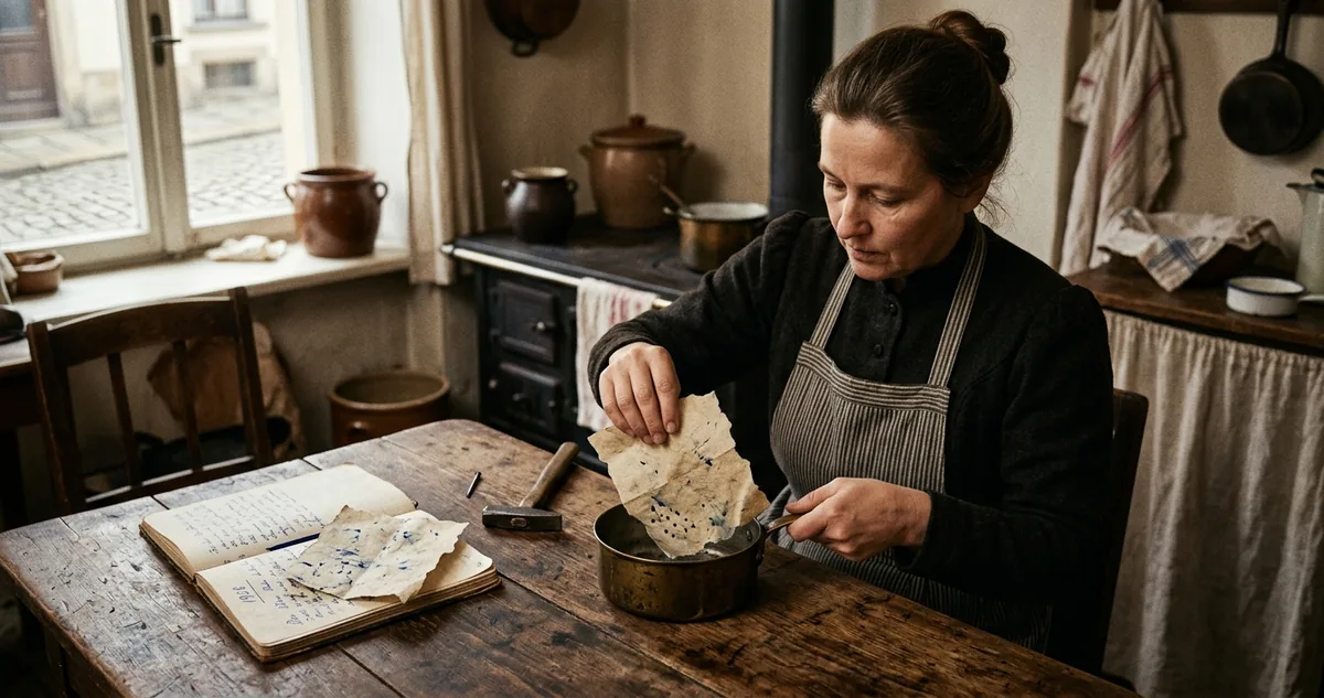 Uma panela de latão com o fundo furado a prego, forrada por uma folha de mata-borrão, sobre a mesa de uma cozinha de Dresden em 1908.