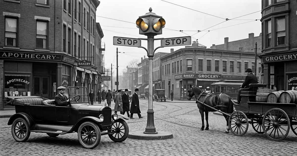 Um cruzamento de Cleveland em 1922, com um poste em T de braços móveis erguido na esquina enquanto um automóvel e uma carroça puxada a cavalo dividem a pista.