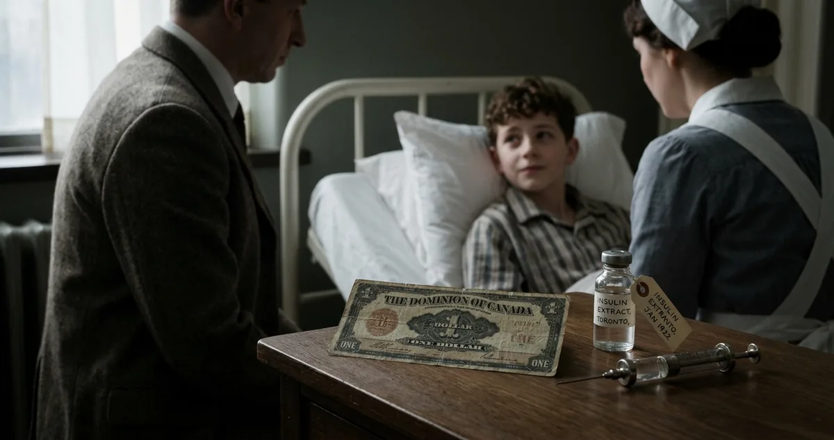 Um leito de hospital em Toronto, em janeiro de 1922, com um frasco de extrato pancreático e uma seringa de vidro sobre a mesa de cabeceira.
