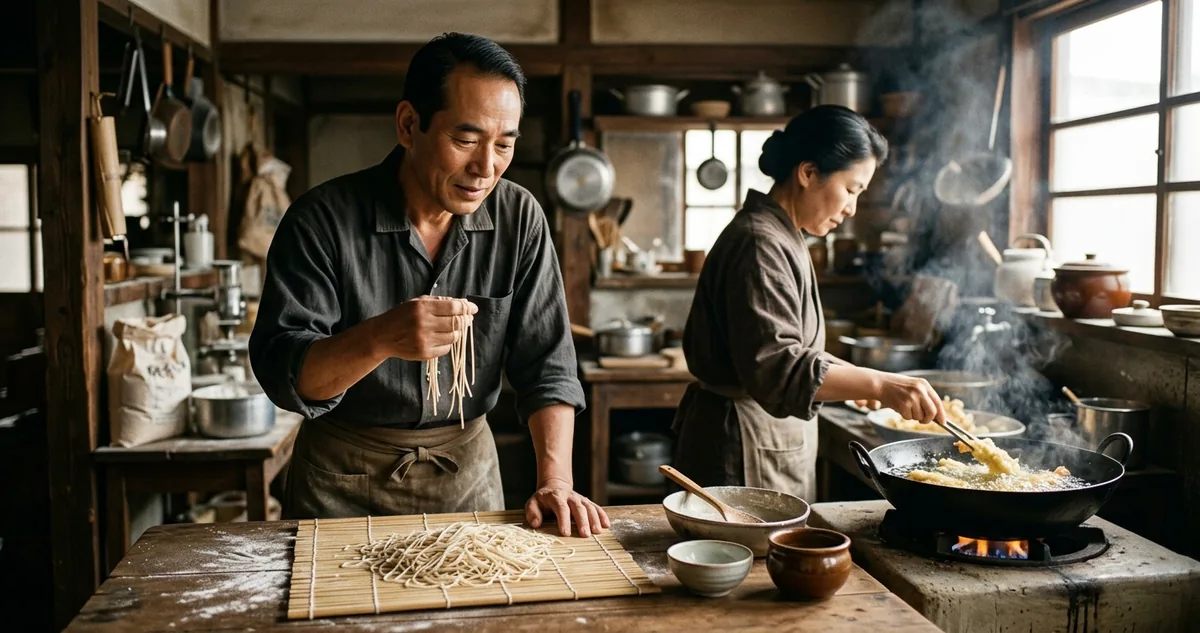 Ikeda, 1958: no barraco do quintal, um bloco de macarrão já cozido mergulha em óleo quente e sai seco, atravessado pelos poros que a água fervente vai reidratar.