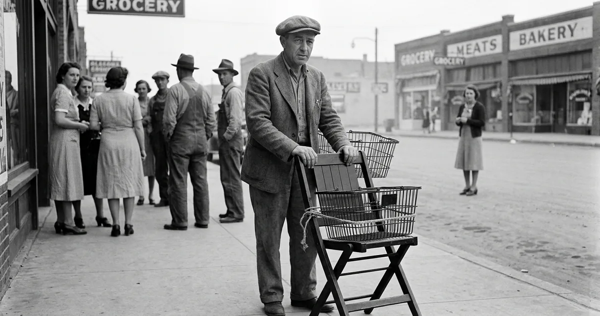 Oklahoma City, 1937: um quadro de cadeira dobrável sobre rodízios carrega duas cestas de arame no corredor de uma mercearia de autosserviço.